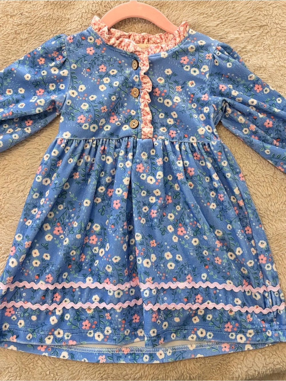 Marie Nicole Girls Blue Floral Long-Sleeve Dress with Pink Trim size XS 18-24mo